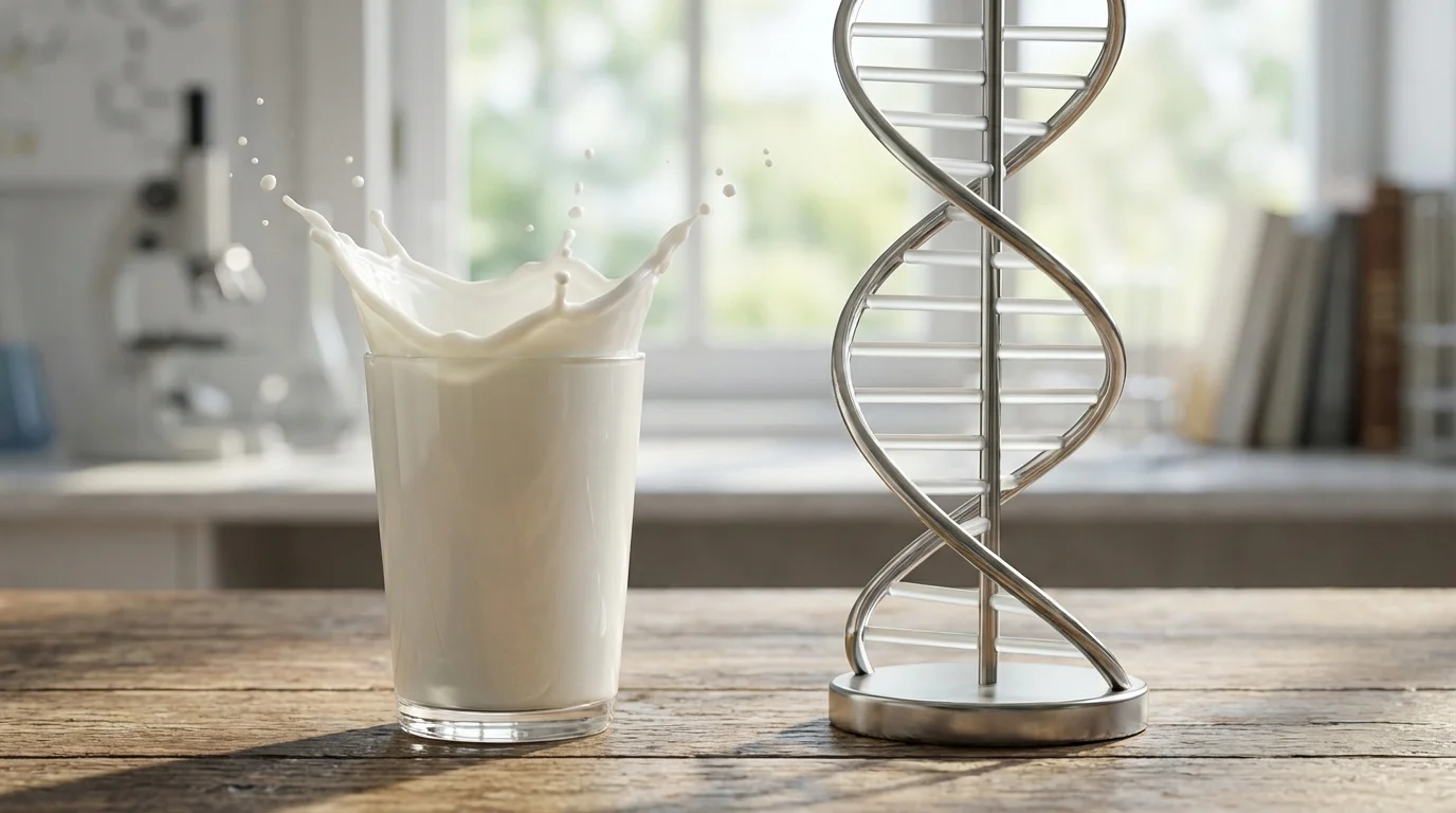 intolerancia a la lactosa - imagen conceptual de leche y genética