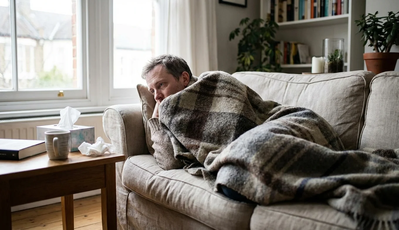 gripe masculina - hombre descansando en el sofá sintiéndose mal por el virus