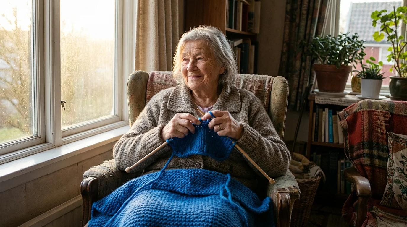 tejer mejora la memoria - mujer mayor tejiendo con lana azul