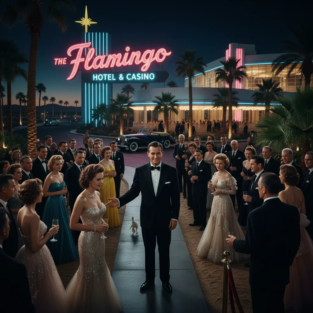 Cinematic shot, dramatic lighting, film still, El salto a Las Vegas y el concepto de resort Si bien Europa puso las reglas, Estados Unidos le dio el espectáculo. En la historia del casino, hay un antes y un después de 1946, cuando Benjamin 'Bugsy' Siegel inauguró The Flamingo. Antes de esto, los lugares de juego en Nevada eran mayormente locales rústicos con estética del Viejo Oeste. Siegel, con su visión cinematográfica, introdujo el concepto de 'resort de lujo', donde el hotel, la piscina y el casino formaban un ecosistema único. The Flamingo rompió con los estereotipos y trajo el glamour de Hollywood al desierto. Fue el primer paso para que Las Vegas dejara de ser una parada polvorienta y se convirtiera en la 'Ciudad del Pecado'. Este cambio de paradigma permitió que la historia del casino se fusionara con la industria del entretenimiento masivo, atrayendo a estrellas como Frank Sinatra y Elvis Presley, quienes se convirtieron en la cara visible de este nuevo mundo. La comercialización agresiva y la innovación arquitectónica hicieron que los casinos dejaran de ser exclusivos para la élite y se abrieran al público general. La estrategia de marketing era clara: ofrecer una fantasía donde cualquiera pudiera sentirse como un rey por una noche. Hoy, esa visión de resort integral es el estándar que siguen los complejos más grandes del mundo, desde el Strip hasta Macao.