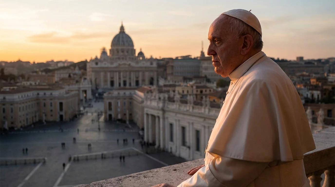 legado del Papa Francisco - Retrato reflexivo del Papa Francisco con el Vaticano de fondo