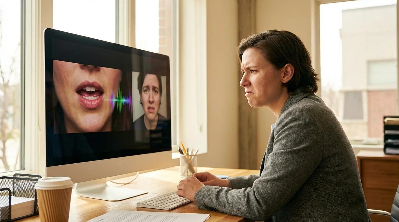 efecto mcgurk - persona confundida observando una pantalla con movimientos labiales