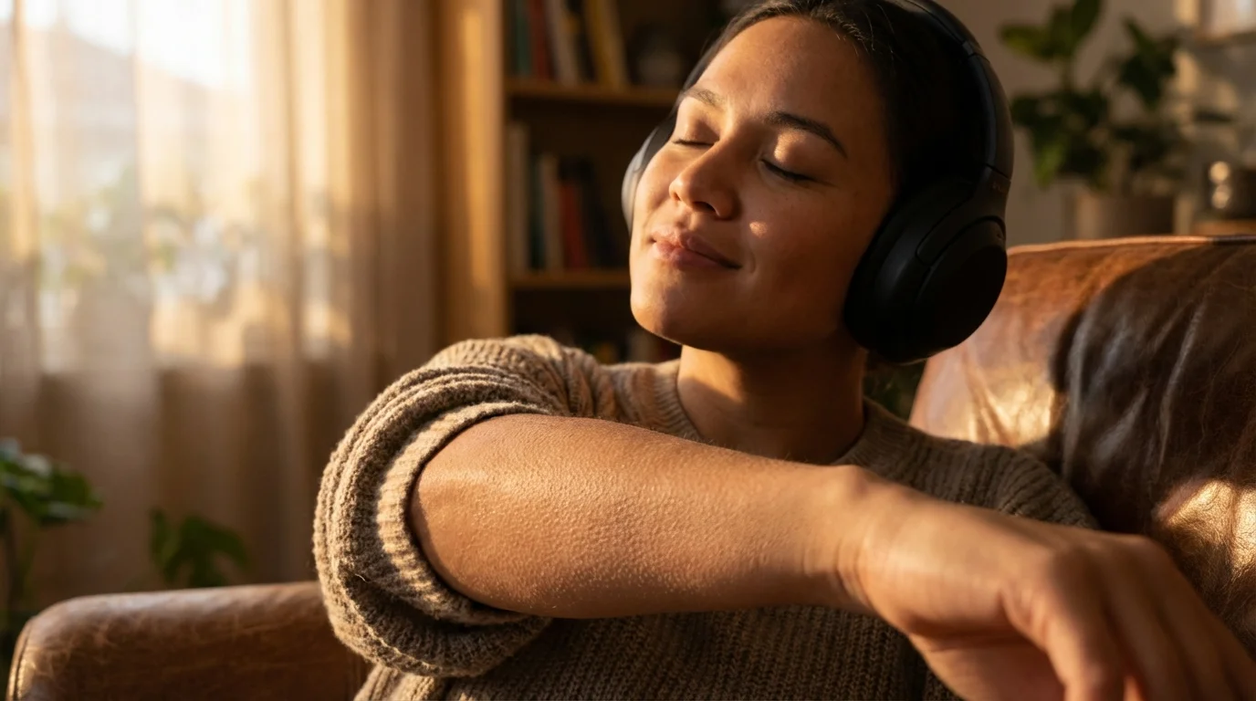 frisson musical - persona con auriculares experimentando piel de gallina por la música