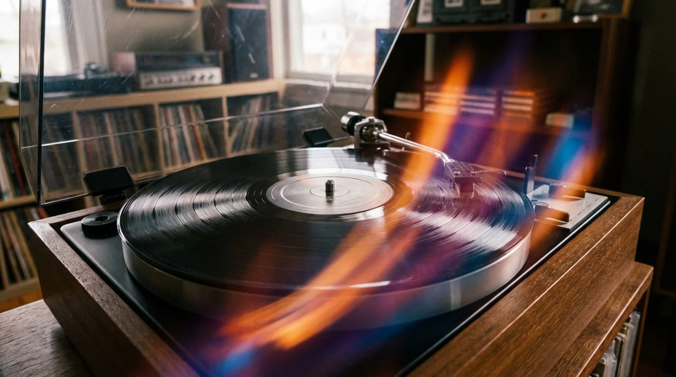 frisson musical - disco de vinilo girando con efectos visuales de ondas sonoras