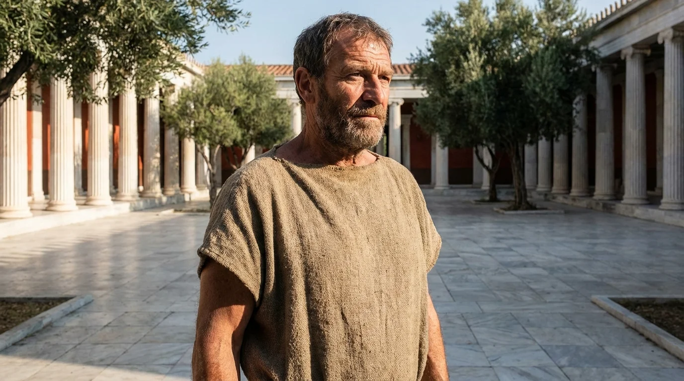 Platón - filósofo griego con túnica clásica en un entorno de la antigua Atenas