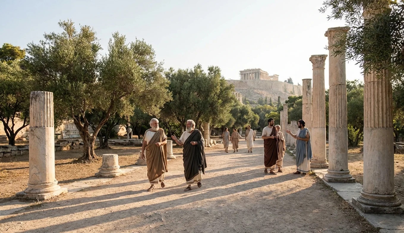 Platón - recreación histórica de la Academia de Atenas con filósofos debatiendo
