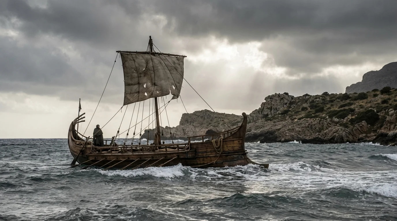 Platón - escena de viaje marítimo hacia Siracusa representando sus desafíos políticos