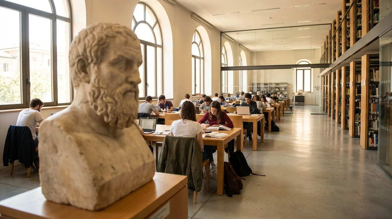Platón - busto de mármol en una biblioteca moderna simbolizando su legado eterno
