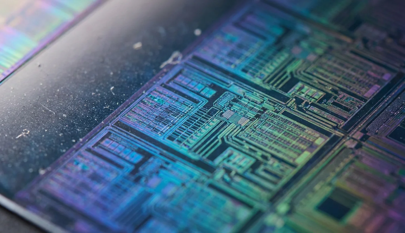 impacto de los microchips - vista macroscópica de una oblea de silicio con transistores