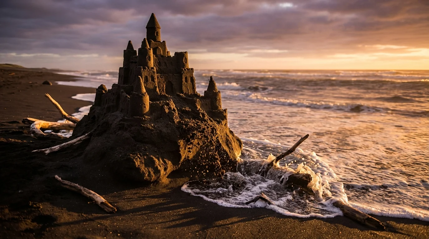 realidades crueles de la vida - castillo de arena deshaciéndose representando la entropía