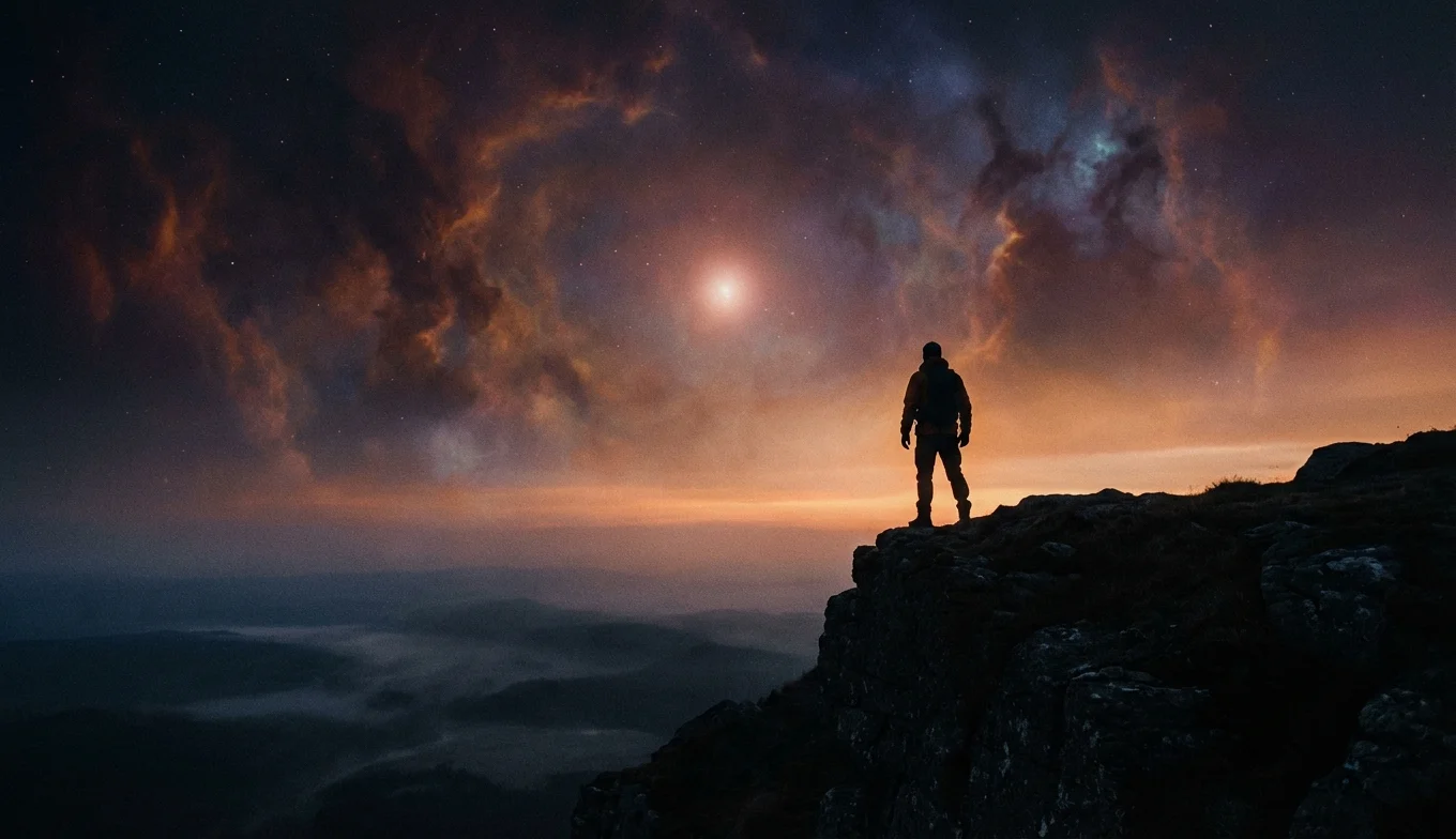 realidades crueles de la vida - silueta humana frente a un cosmos dramático y una estrella moribunda