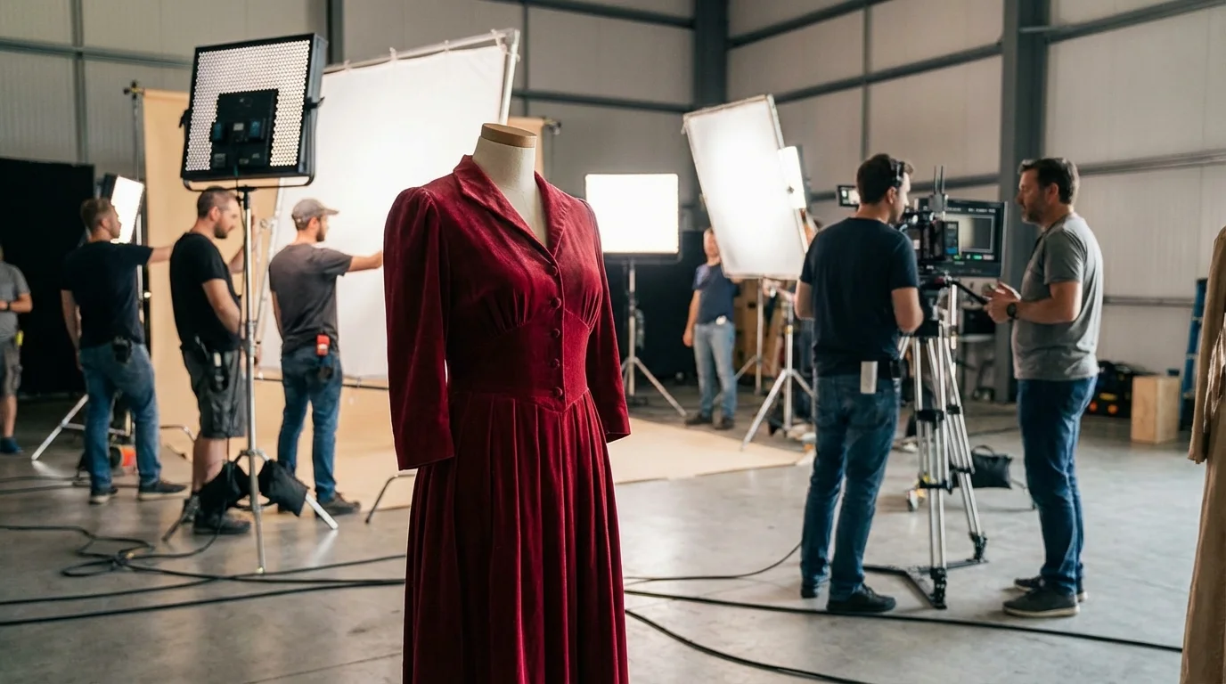 Cómo el uso del color cambió la psicología del espectador en el cine 5 uso del color en el cine - vestido rojo icónico en el set con equipo ajustando iluminación