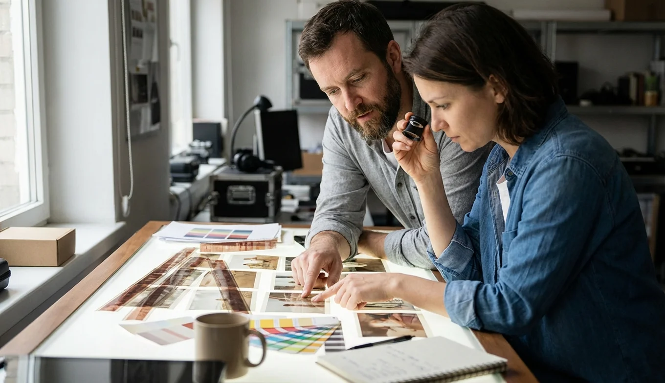 Cómo el uso del color cambió la psicología del espectador en el cine 6 uso del color en el cine - director y director de fotografía revisando paletas cromáticas en mesa de trabajo