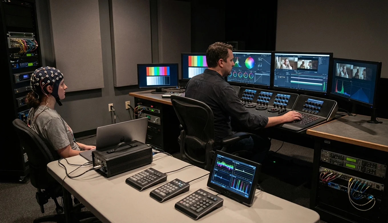 Cómo el uso del color cambió la psicología del espectador en el cine 7 uso del color en el cine - colorista probando cartas de color frente a equipo de medición de respuesta del público