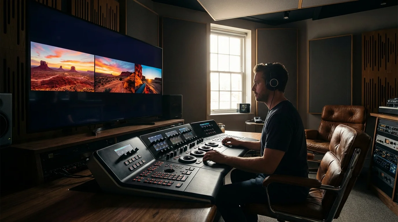 uso del color en el cine - imagen destacada de suite de etalonaje con colorista y monitor mostrando fotogramas