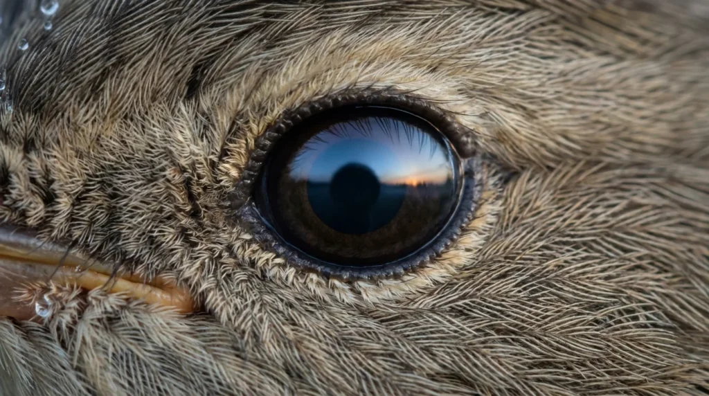 proteína Cry4 - primer plano del ojo de un ave migratoria con reflejo azul