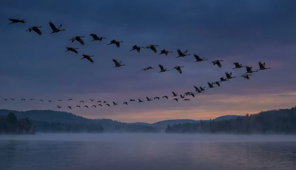 proteína Cry4 - bandada de aves migratorias volando al crepúsculo con tono azul