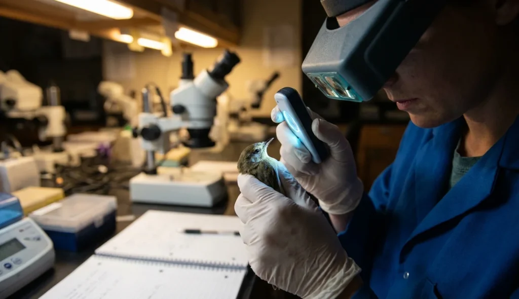 proteína Cry4 - investigador examinando el ojo de un ave bajo luz azul en laboratorio