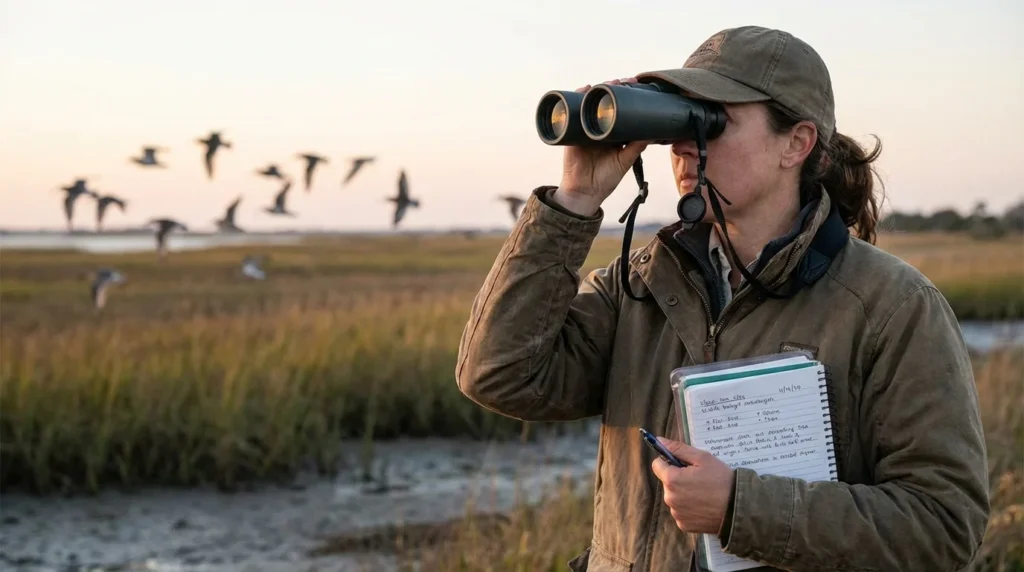 proteína Cry4 - científico observando aves migratorias en el campo con binocular y apuntes