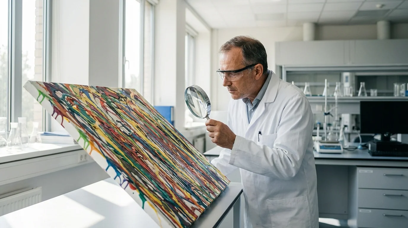 El impacto de la geometría fractal de Pollock en el arte 2 geometría fractal de Pollock - científico analizando patrones en una pintura abstracta