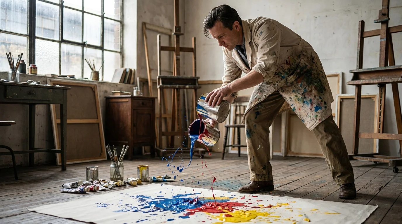 El impacto de la geometría fractal de Pollock en el arte 4 geometría fractal de Pollock - artista aplicando técnica de goteo en su estudio