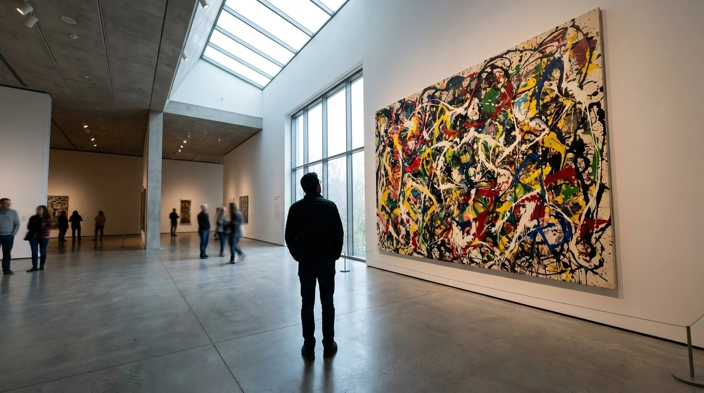 El impacto de la geometría fractal de Pollock en el arte 6 geometría fractal de Pollock - espectador admirando una obra en un museo