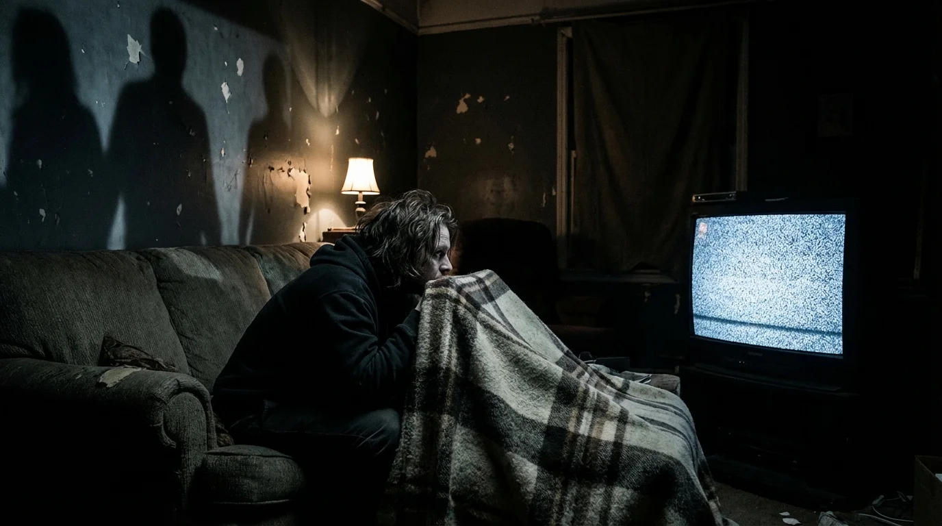 películas de terror - persona asustada bajo una manta con sombras siniestras