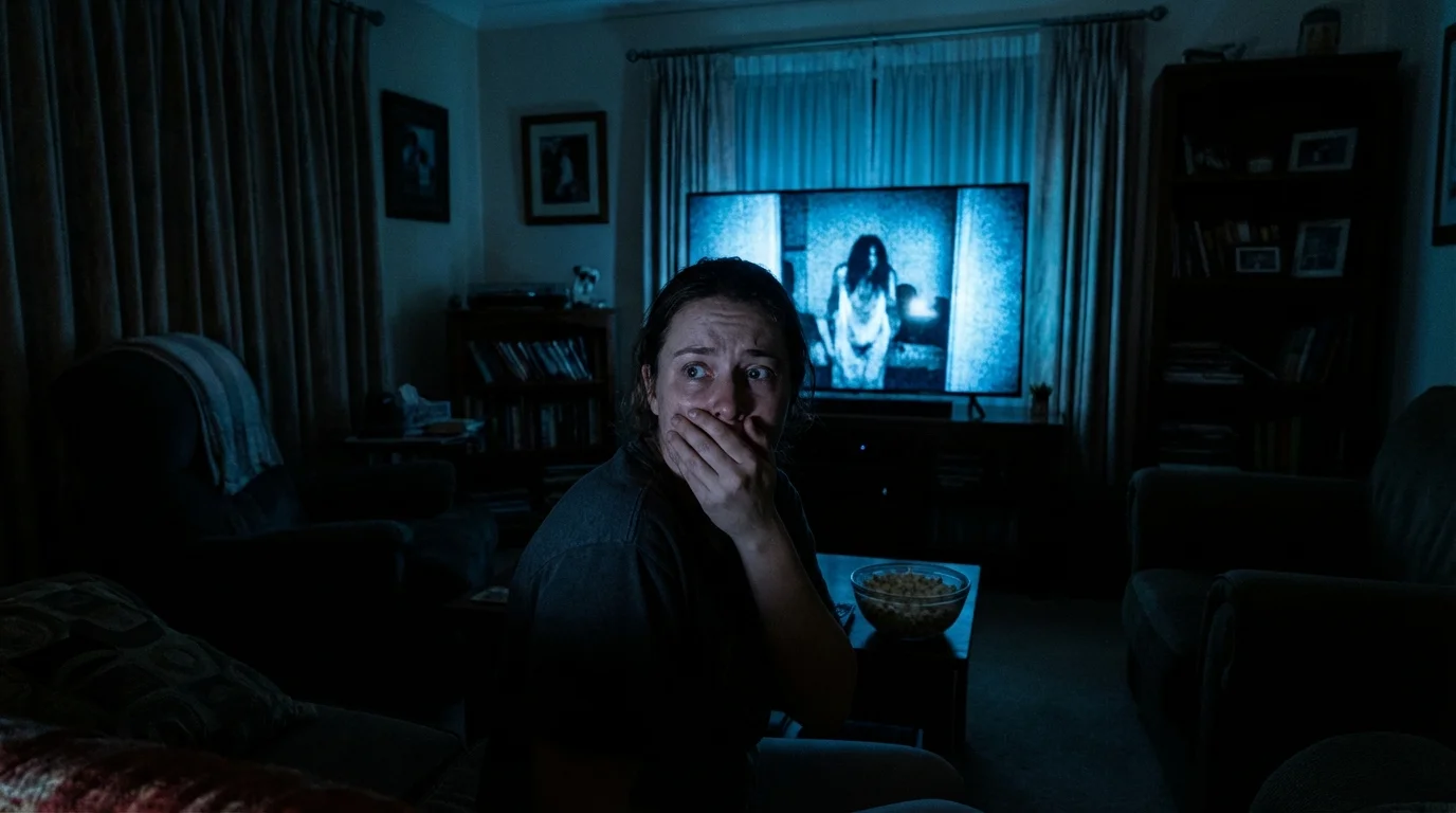 películas de terror - persona aterrorizada frente a una pantalla en una habitación oscura