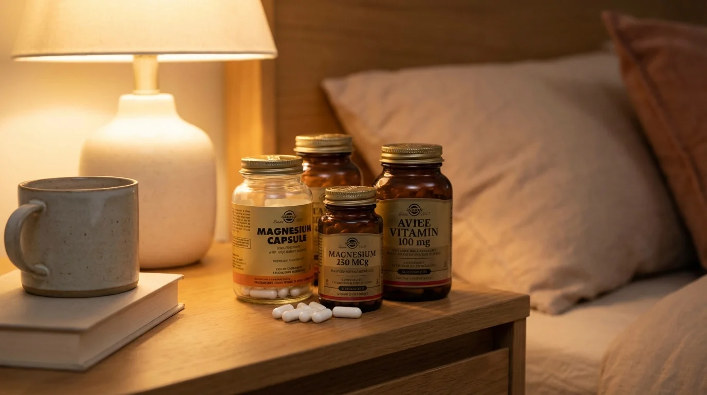 Sleepmaxxing - suplementos de magnesio y vitaminas en una mesa de noche