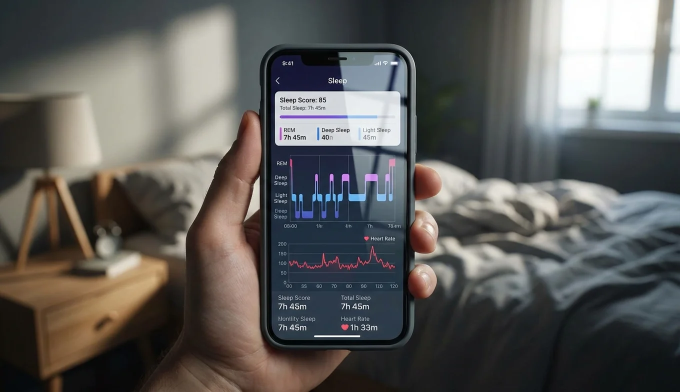 Sleepmaxxing - pantalla de aplicación móvil mostrando gráficas de análisis del sueño