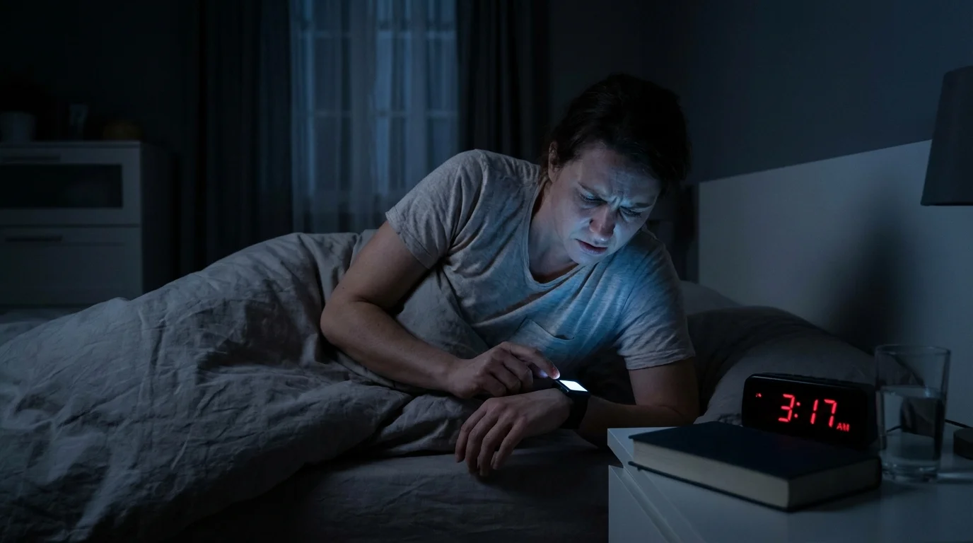 Sleepmaxxing - persona preocupada revisando datos de sueño en su reloj inteligente