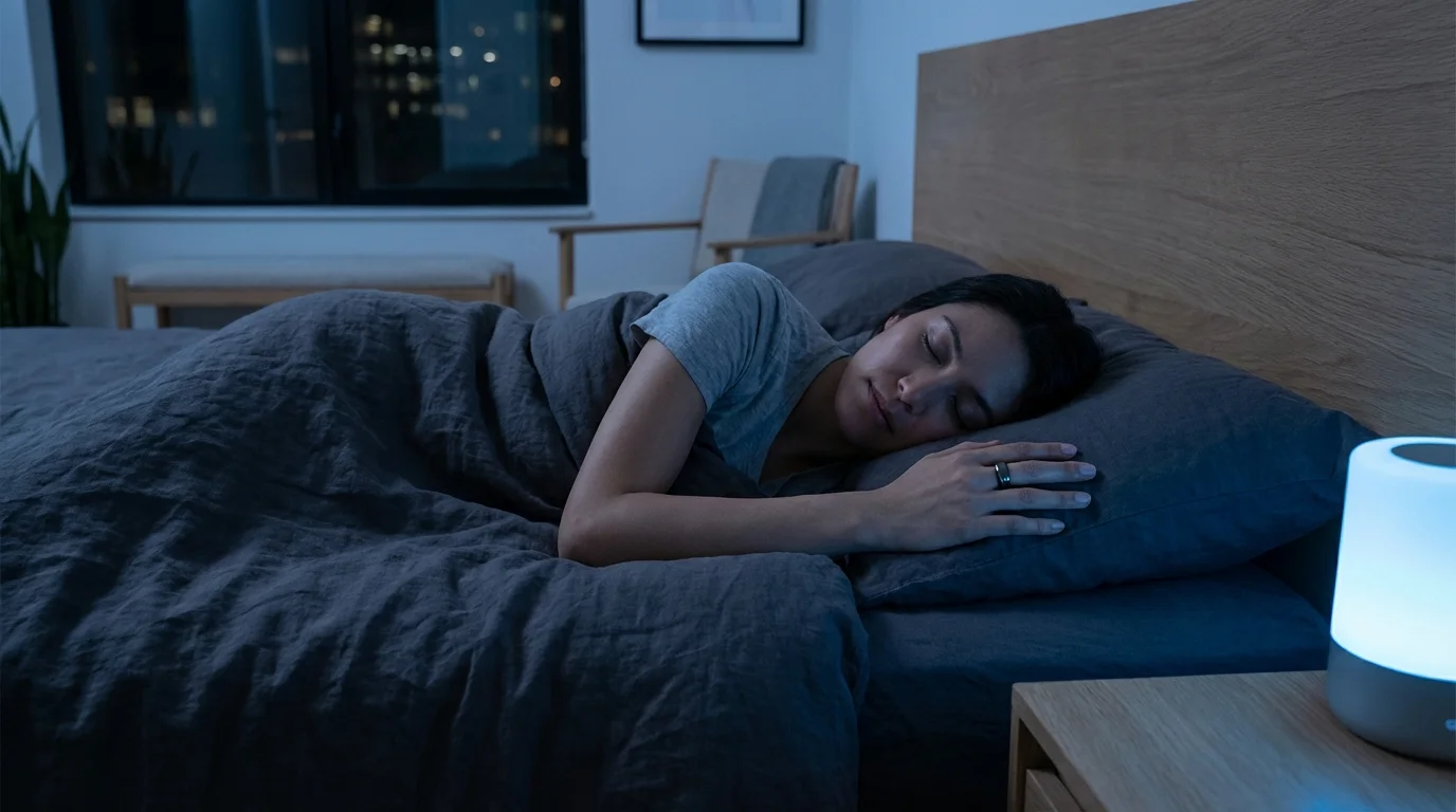 Sleepmaxxing - persona durmiendo con un anillo inteligente de monitoreo