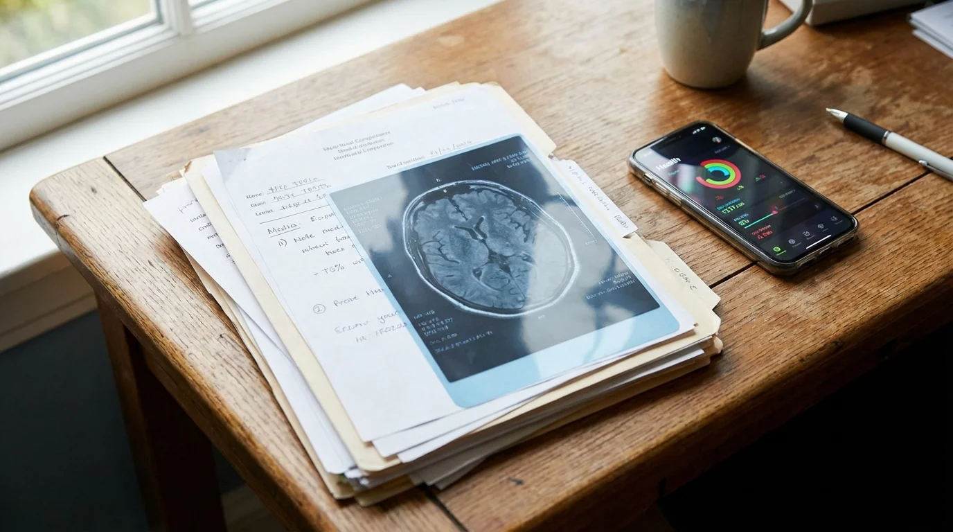 misinformación emocional - documentos médicos y escáner cerebral junto a un smartphone