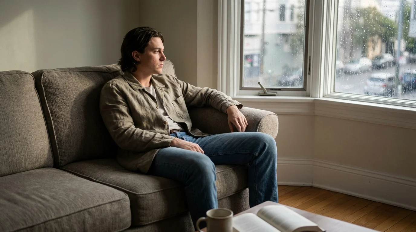 misinformación emocional - persona sentada en un sofá pareciendo aburrida o pensativa