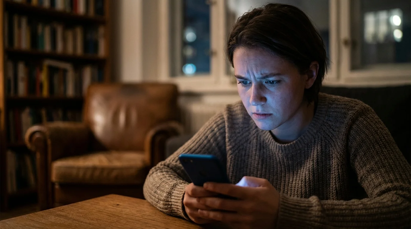 misinformación emocional - persona joven preocupada mirando su teléfono en la oscuridad