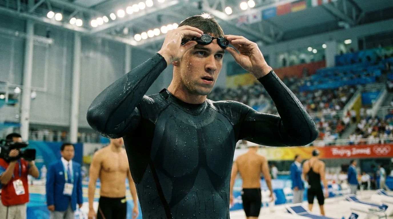 nanotecnología en uniformes - nadador olímpico con traje de alta tecnología en Pekín 2008
