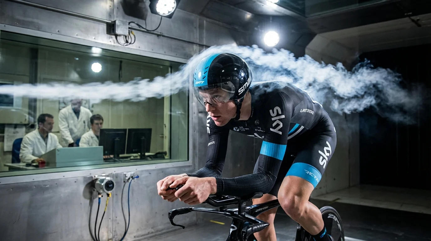 nanotecnología en uniformes - ciclista en túnel de viento probando aerodinámica