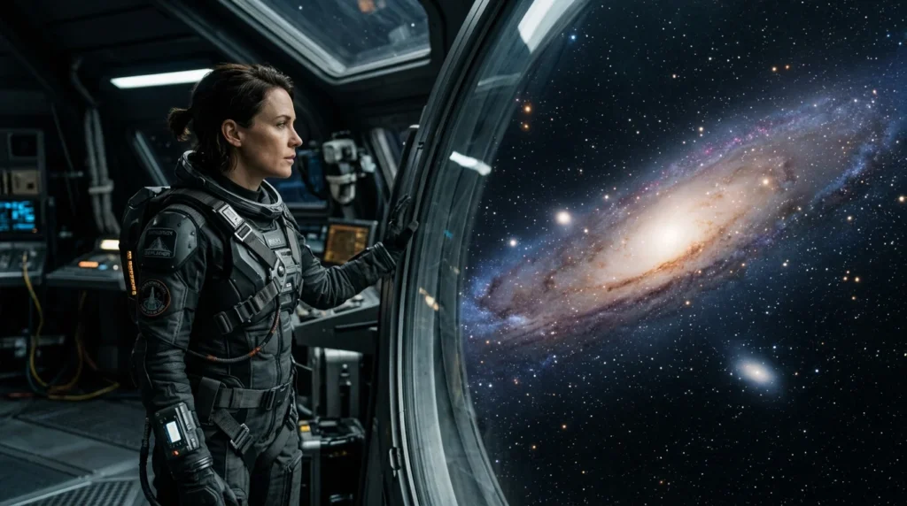 Cine de ciencia ficción y la realidad de la física 7 cine de ciencia ficción - explorador espacial observando el cosmos desde una nave