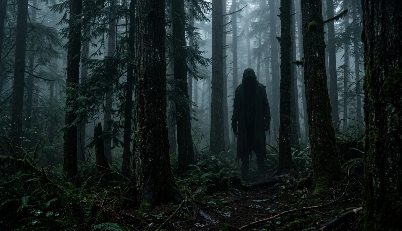 miedo visual - figura sombría en un bosque neblinoso y oscuro