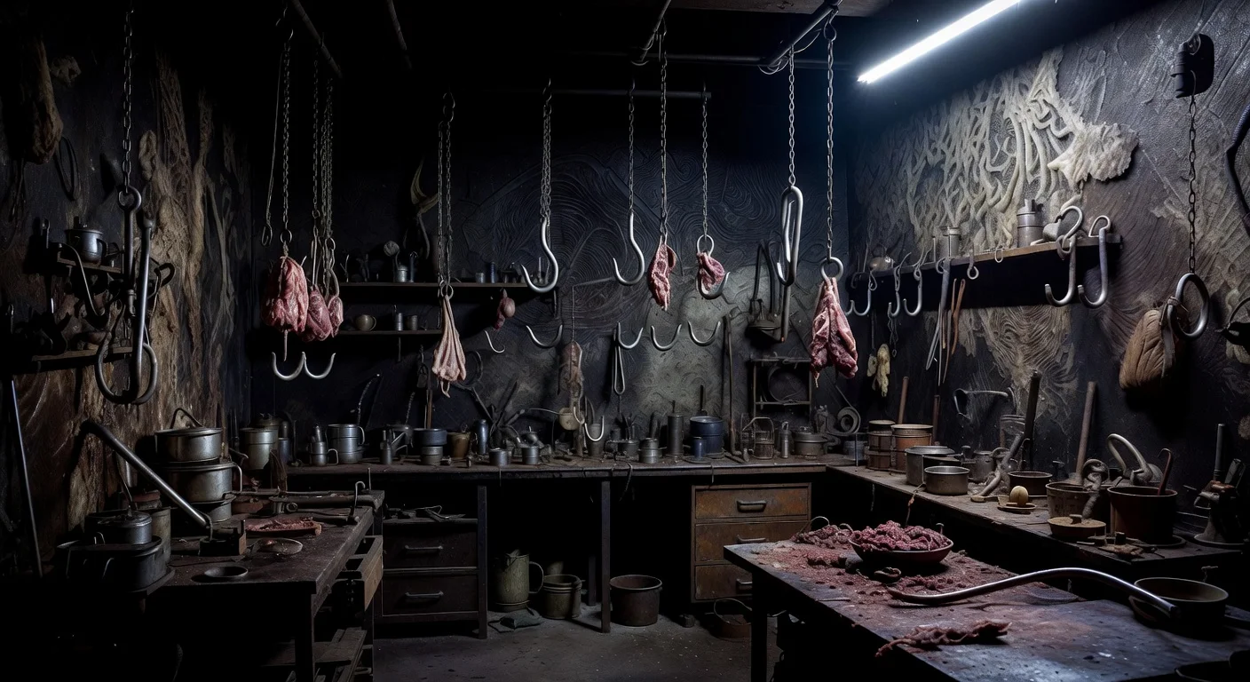 efectos de sonido de terror - taller siniestro con ganchos de carne y texturas orgánicas
