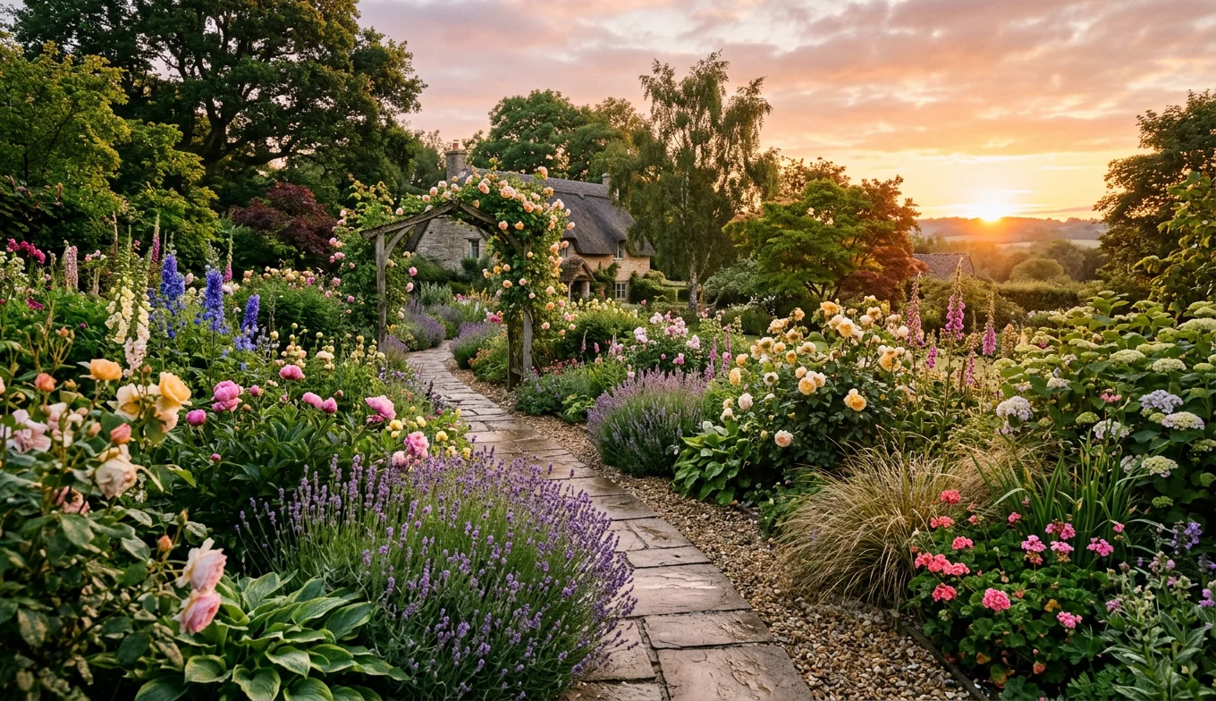Jardinería reduce el cortisol según la ciencia moderna 7 jardinería reduce el cortisol - paisaje de jardín tranquilo al atardecer