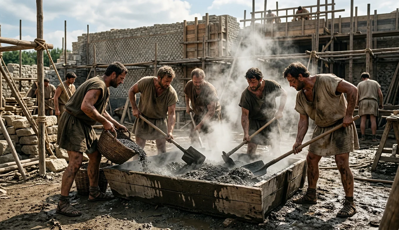 La Ciencia del Hormigón Romano y su Estrategia de Resistencia 4 hormigón romano - ilustración de trabajadores romanos utilizando la técnica de mezcla en caliente