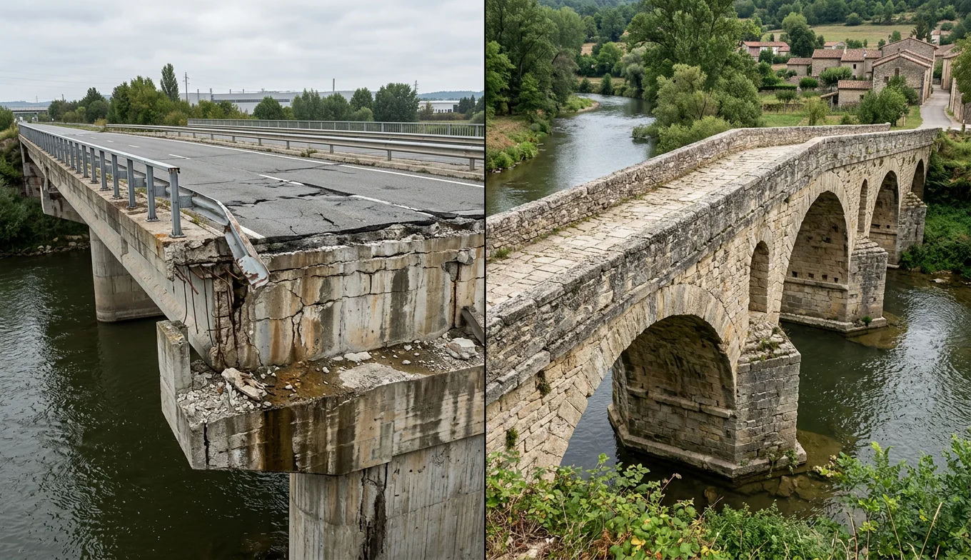 La Ciencia del Hormigón Romano y su Estrategia de Resistencia 6 hormigón romano - comparación visual entre la durabilidad del concreto antiguo y el moderno