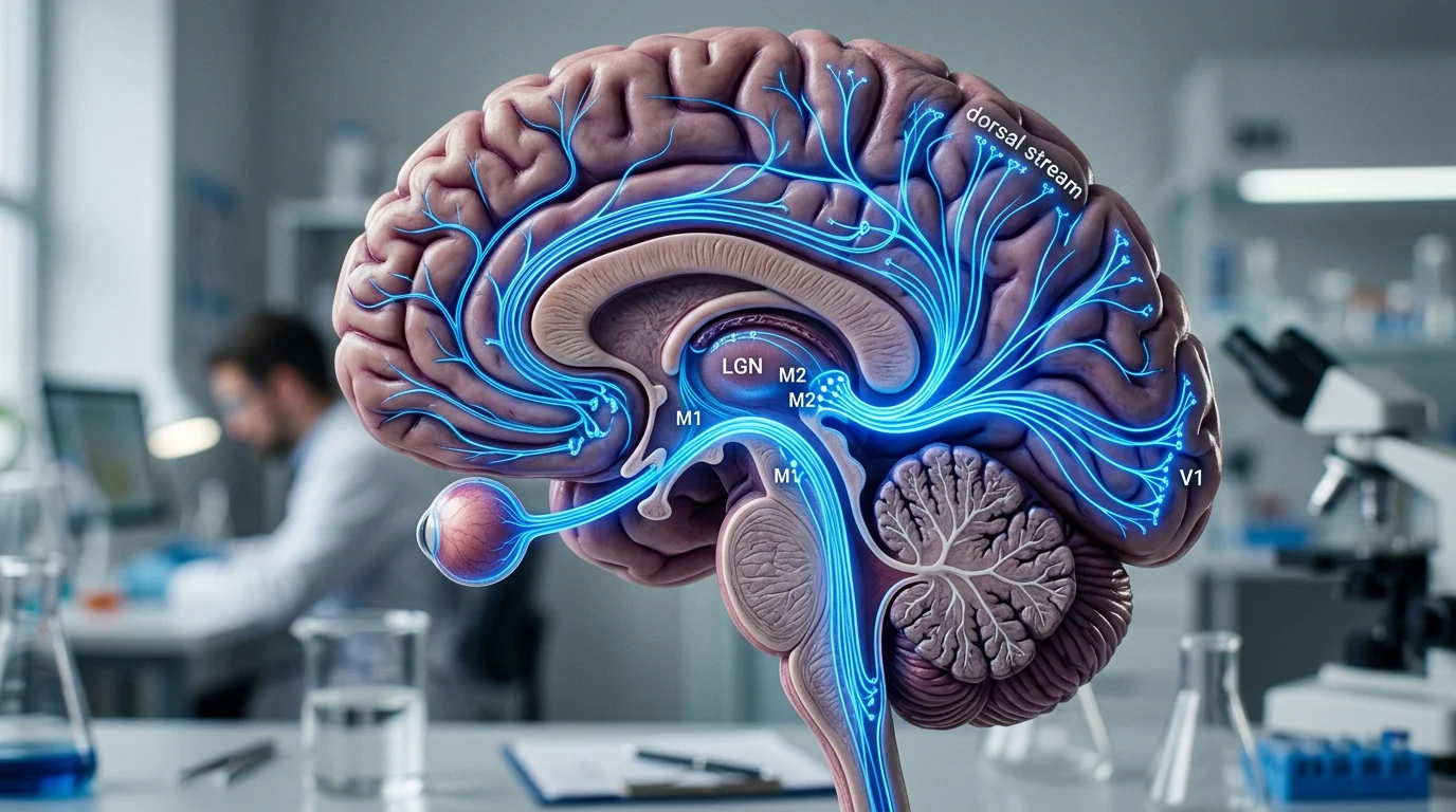 Mecanismo de la visión periférica para detectar el miedo 3 visión periférica - ilustración de la vía magnocelular transmitiendo señales rápidas al cerebro