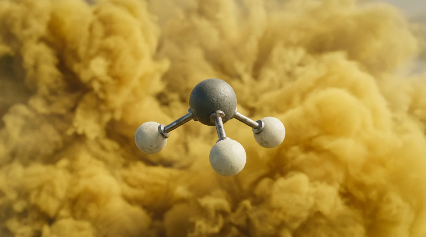 fosfina en Venus - modelo molecular de fosfina sobre nubes amarillas