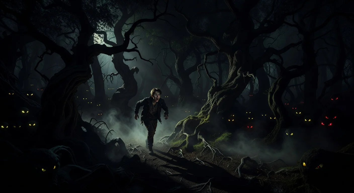soñar con monstruos - persona huyendo de ojos brillantes en un bosque sombrío